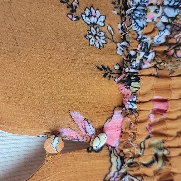 FREE PEOPLE Cherry Blossom Long Sleeve Plunge Neck Hi Low Hem Cottage Dress M - Picture 6 of 9